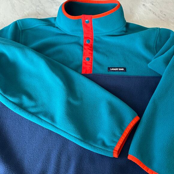 Lands End color block pullover men’s polar fleece XL snap neck blue red retro - Picture 1 of 6